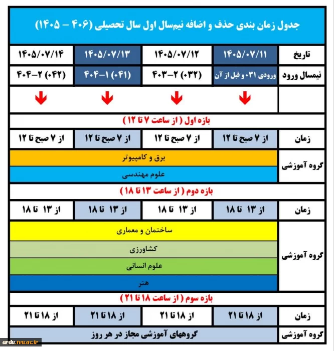 جدول زمان‌بندی حذف و اضافه نیم‌سال اول سال تحصیلی ۱۴۰۵/۱۴۰۶. (۰۵۱)